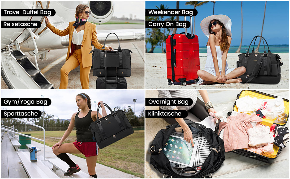 Спортивна сумка LOVEVOOK для подорожей: жіноча дорожня сумка-мішок, weekender, з органайзером, відділенням для взуття та мокрих речей, водонепроникна, 42L, чорна