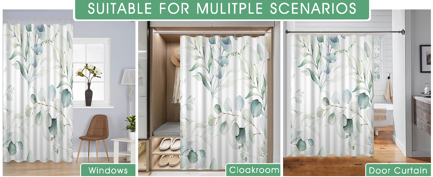 Штора для душу 120x200 см з евкаліптом, зелені листя, акварель, анти-грибок, водонепроникна, поліестер, з гачками для ванної кімнати