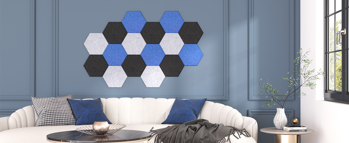 Акустичні гексагональні панелі TONOR самоклеючі, шумопоглинаючі плитки для стін 30x26x1 см, чорні (18 шт) для студії, офісу та геймерської зони
