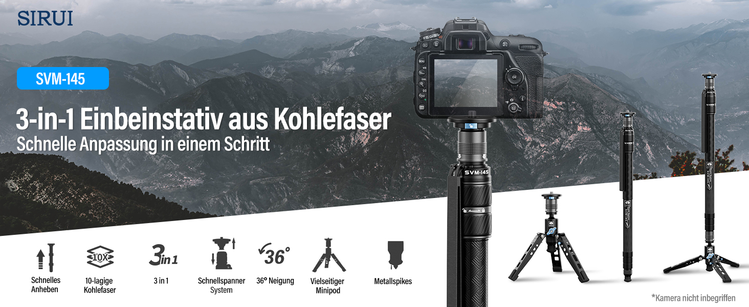 SIRUI SVM-145 монопод для камери з ніжками, 145 см, карбонове, для DSLR/Camcorder, до 10 кг