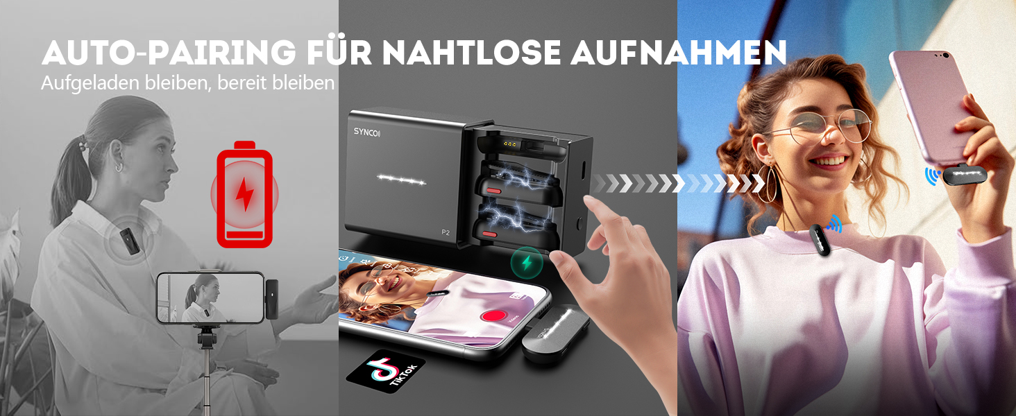 Бездротовий петличний мікрофон SYNCO P2ST для iPhone 15/16/17 та Android, USB-C з зарядним кейсом, Plug and Play, Hi-Fi якість, 2 мікрофони