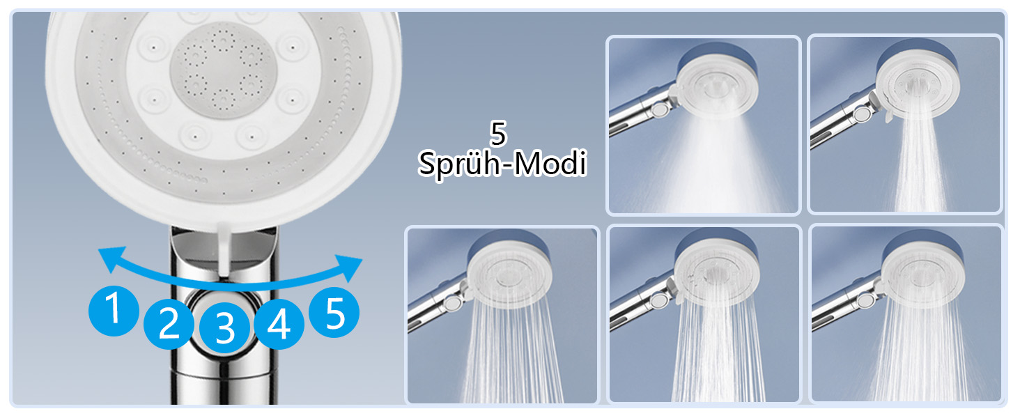 Fall Shower Head with Filter - High-Pressure Handheld Shower with 1.5M Hose, Shower Head with 5 Spray Patterns and Stop Function, Shower Head with Hose, Chrome (Chrome and White)