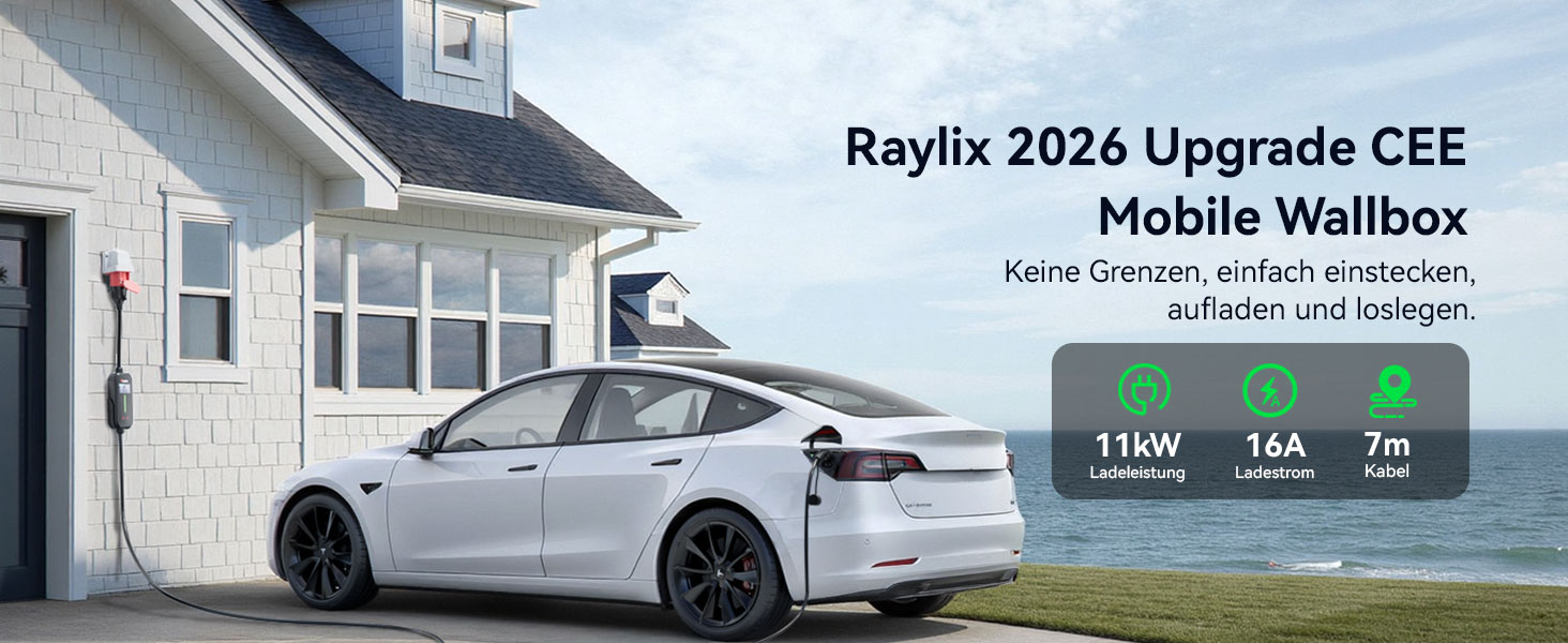 Raylix 2026 11kW Wallbox Typ 2 (7м, 8-16A, 3 фази) з лічильником, регулюванням струму та таймером + CEE 16A - Typ 2 кабель 7м
