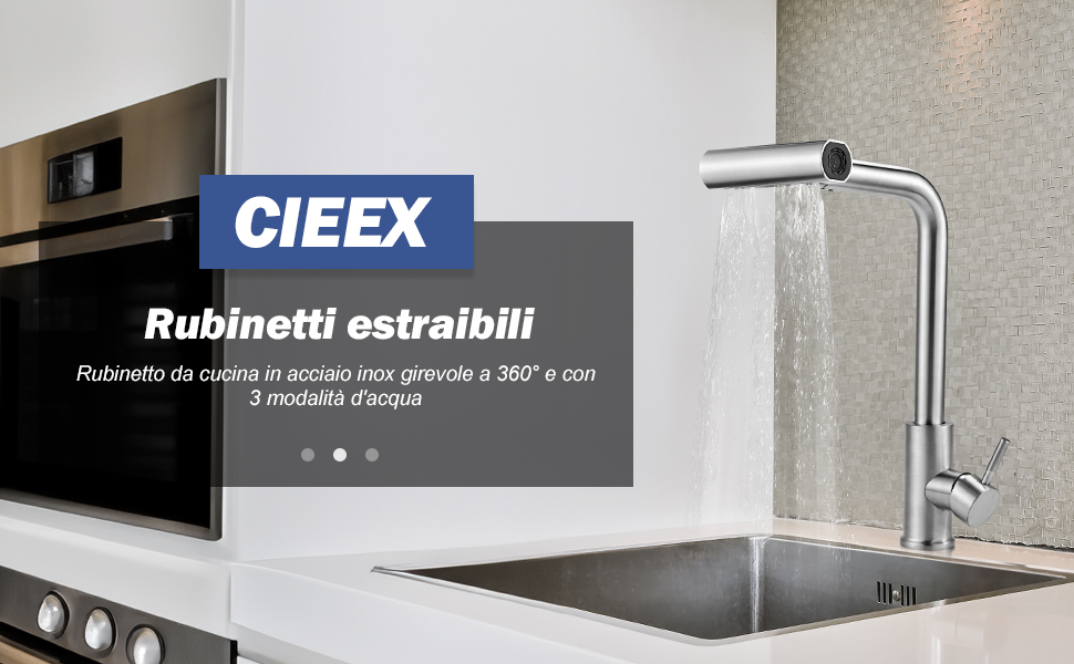 Кран кухонний висувний Cieex, 360° поворот, 4 режими, з душем, нержавіюча сталь, сріблястий