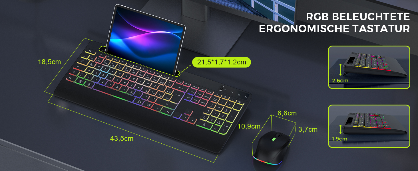 Бездротовий комплект клавіатури та миші Seenda JPX006 з підсвічуванням, USB/Type-C, QWERTZ, з підставкою для телефону та підкладкою для зап'ястя, для PC/Windows/Mac, тихий клік, чорний