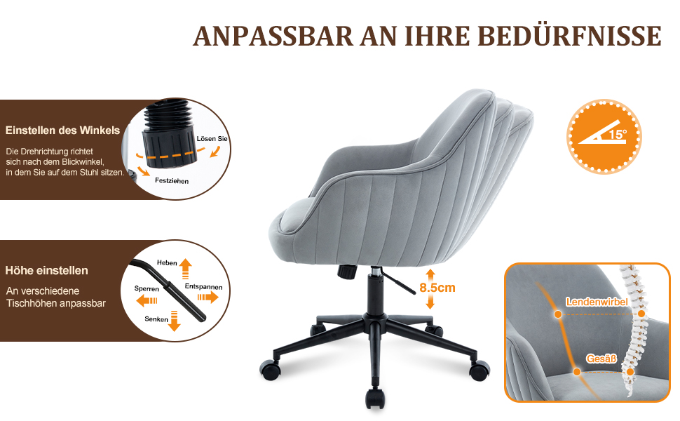 Офісний стілець для дому та офісу до 136 кг, обертовий, оксамитовий, з підлокітниками та колесами, ергономічний, зручний для жінок та дівчат, регульована висота, спальня, домашній офіс (Сірий, Оксамит)