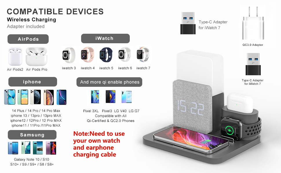 Бездротовий зарядний пристрій COLSUR 3 в 1: зарядка, нічник, будильник. Підтримка iPhone 16/15/14/13/12/11/X/8 Pro Max/Mini/Plus (Сірий)