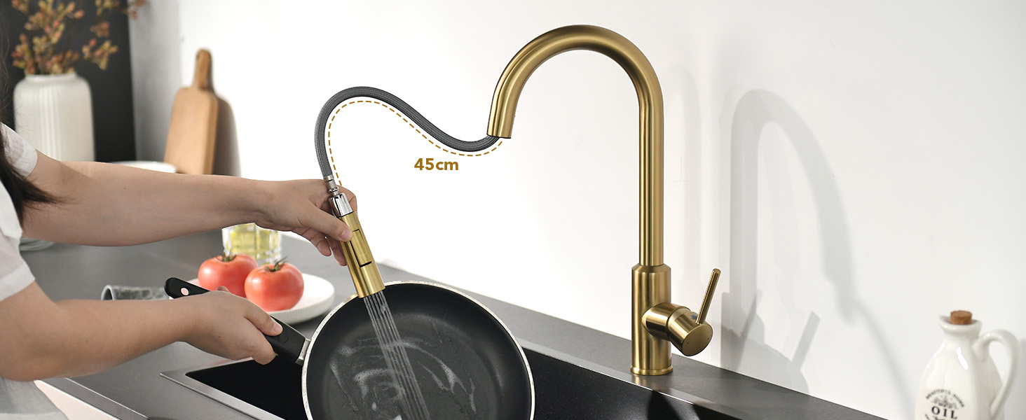Змішувач кухонний з висувною лійкою та душовою насадкою, поворотний на 360°, 2 режими, нержавіюча сталь (золотий)