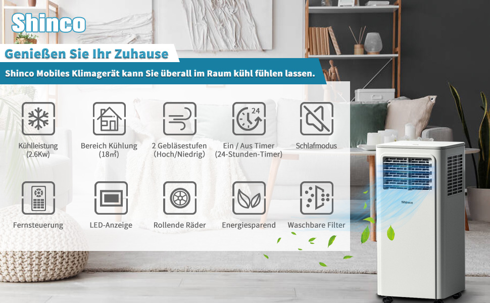 Мобільний кондиціонер SHINCO 3,5kW (7000BTU) з випускним шлангом, охолодження, вентиляція, осушення, для приміщень до 90м³, білий