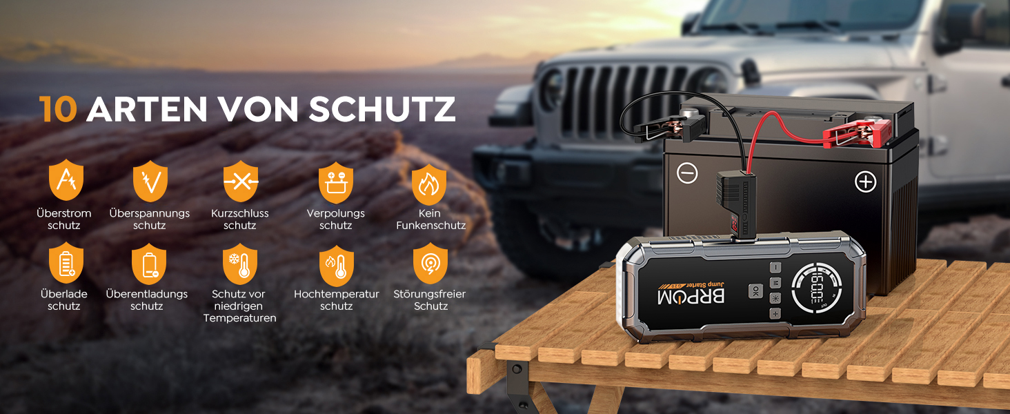 Powerbank Starthilfe BRPOM 8000A з компресором 160PSI для автомобілів, 26800mAh, підтримка бензинових та дизельних двигунів (12.0L), LED-ліхтар 600LUM, сріблясто-сірий колір