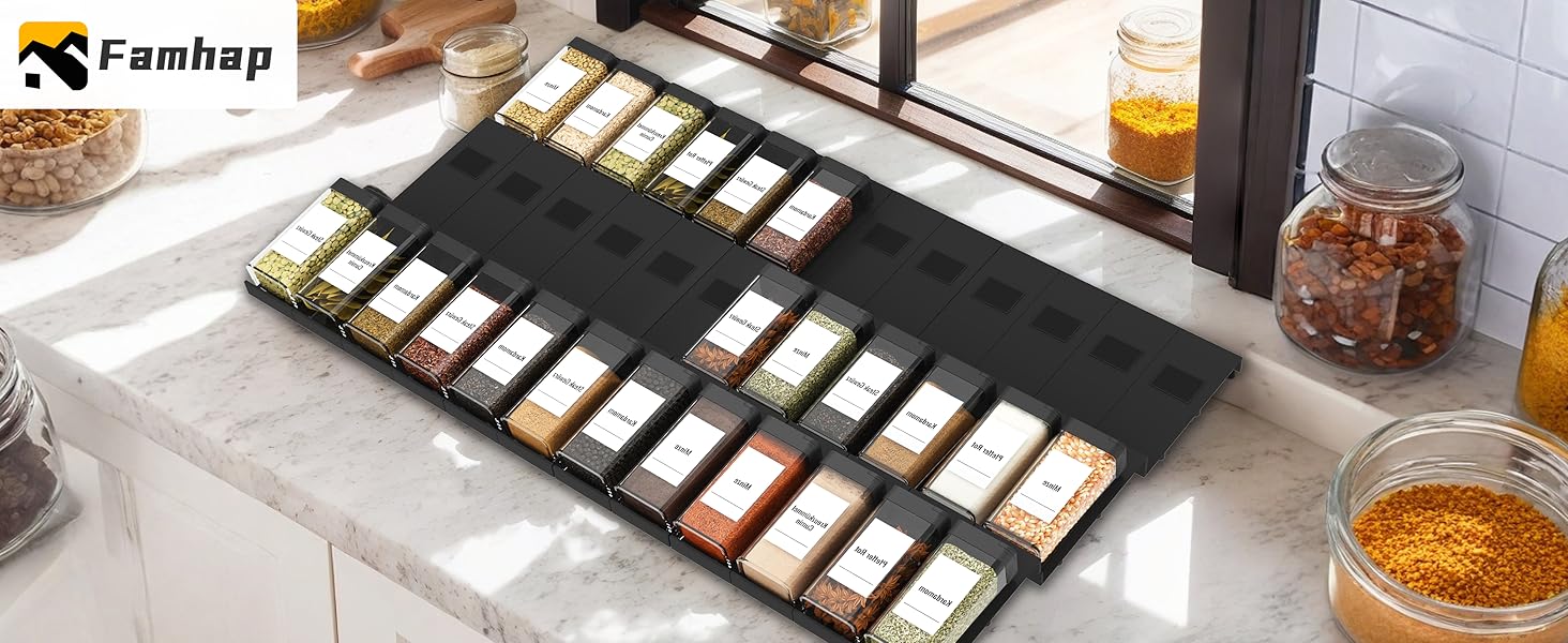 Організатор для спецій Famhap, 24 шт. - полиці для спецій у ящик, чорний | Організатор спецій для кухні