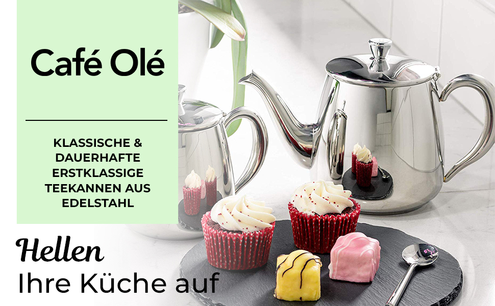 Café Olé PT-048 Cafe Ole Premium Teakettle, 18/10 Stainless Steel, 48 Ounces, Drip-Free Pouring, Hollow Handles & Flip-Up Lid, Silver