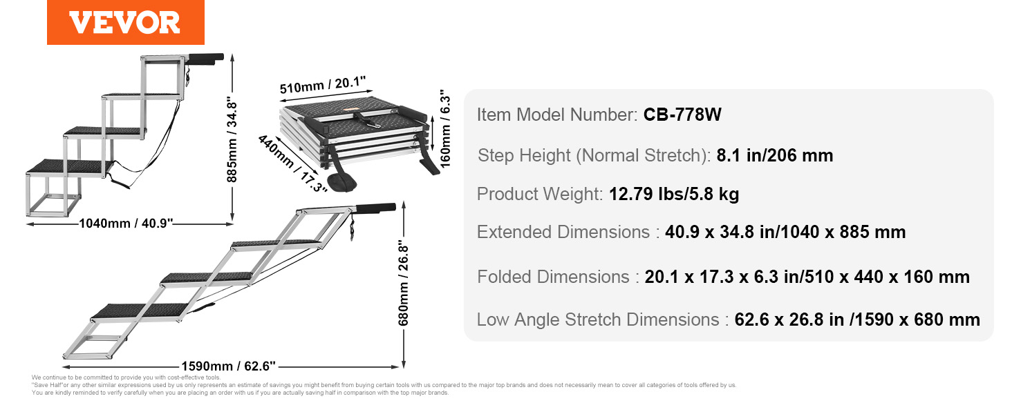 Сходинка для собак VEVOR у автомобіль: 5 сходинок, широка, складна, з антиковзким покриттям, з легкого алюмінію, для авто, SUV та вантажівок (68-88 см)