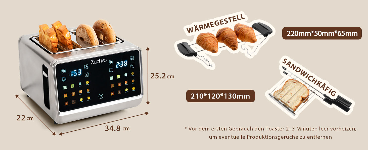 Тостер на 4 шматочки з сенсорним екраном та таймером – нержавіюча сталь, довгі слоти, 2 незалежні зони температури, підставка для бургерів та сендвічів, 6 програм, срібний колір