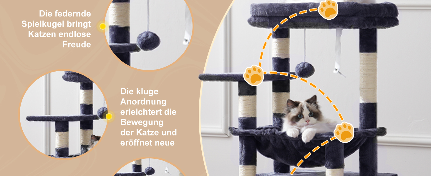 Кігтеточка для котів Heybly Kratzbaum HCT008SW сірого кольору з великим м'яким кошиком та місцем для сну
