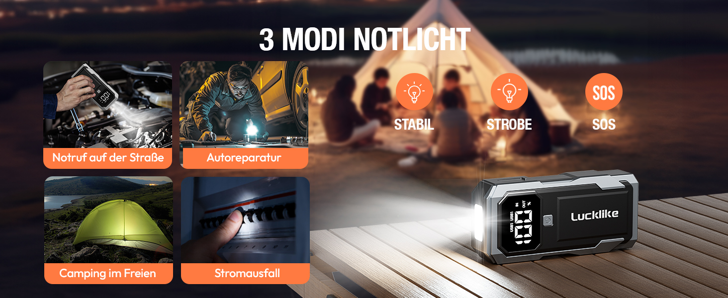 Powerbank для запуску двигуна Lucklike: 3000A, LED-ліхтарик, для авто та мото (до 8.0L бензин/7.0L дизель)