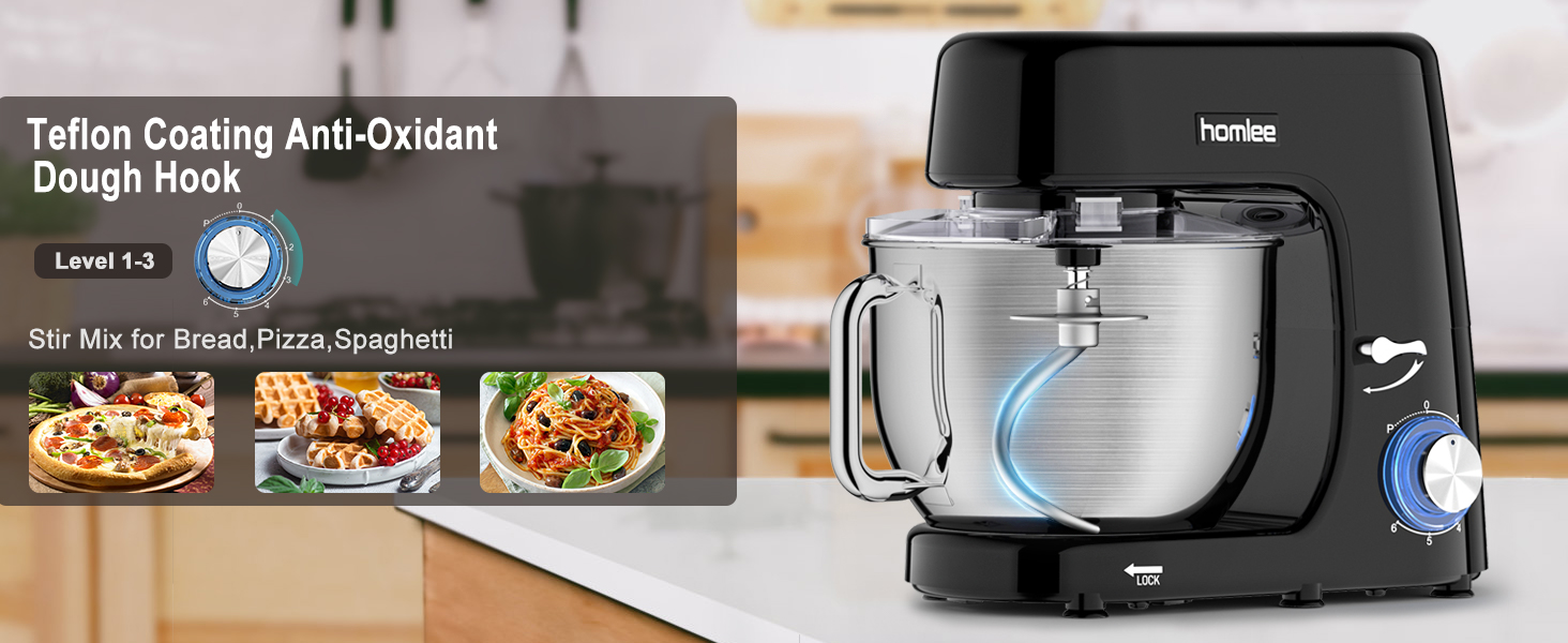 Кухонна машина-міксер 1800W з чашею 7.2L з нержавіючої сталі, 6 швидкостей, низький шум, мультифункціональна (міксер, гак для тіста, вінчик), з кришкою, чорний