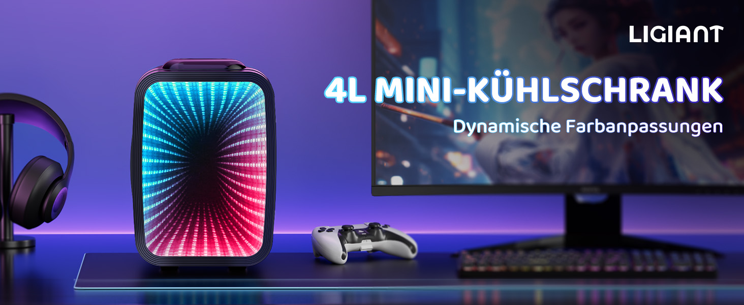 Міні холодильник MF01C з 7 режимами підсвічування та ефектом миготливої вивіски, тиха функція охолодження/підігріву, AC/DC, 4L/6 банок, для ігрової кімнати, спальні, офісу та авто, чорний