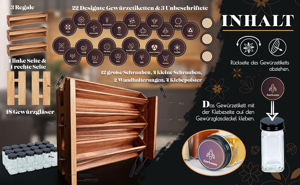Elegant dark spice rack, wood standing & wall-mounted, 18 spice jars, 25 labels. Spice organizer, spice rack, kitchen shelf, wood, vintage. Spice rack - spice rack system hanging - spice storage (pine wood)