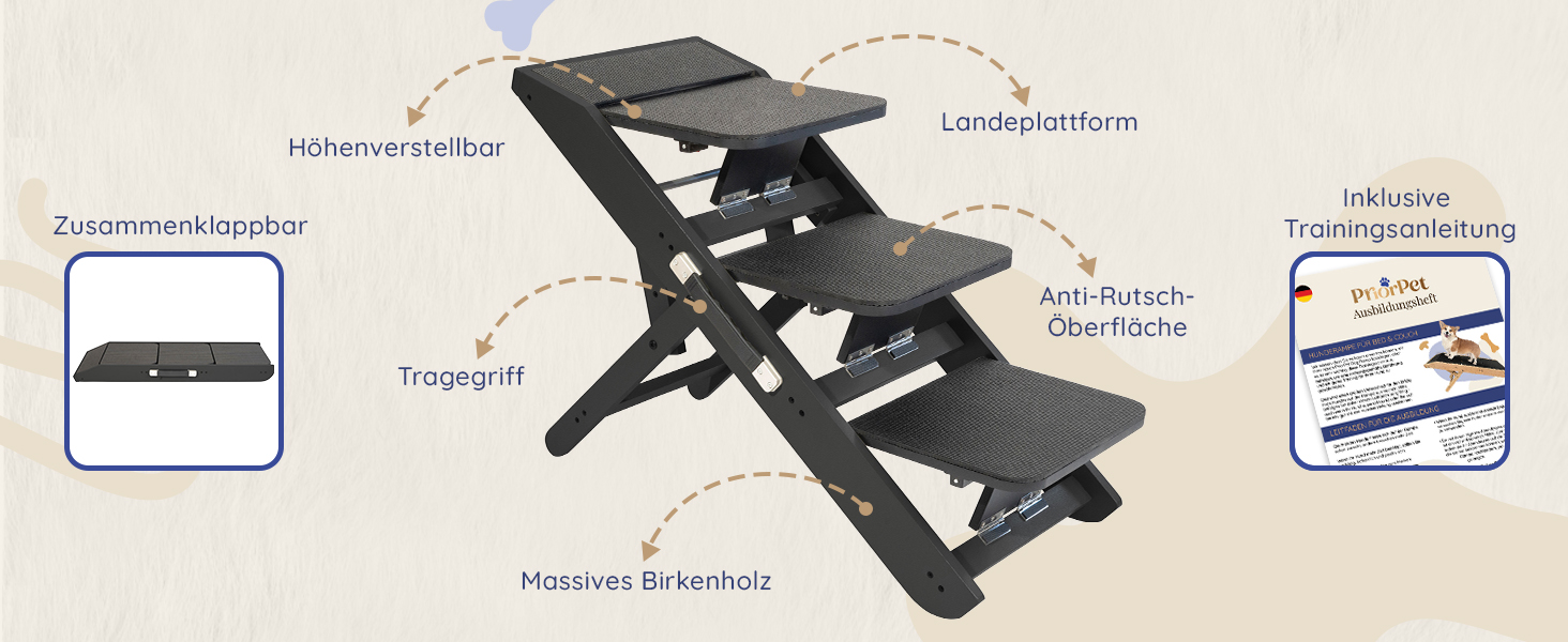 Сходинки для собак на ліжко та диван 2-в-1 - регульована рамка для собак, 18-50 см - для маленьких собак - легкі сходинки з платформою, натуральне дерево (чорний)