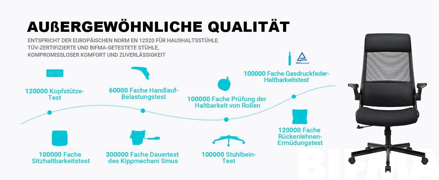Ергономічне крісло для офісу з регульованою підголовником, офісне крісло з сітки, відкидні підлокітники, широке сидіння, функція гойдання, комп'ютерне крісло EN 1335, офісне крісло 200 кг, чорне