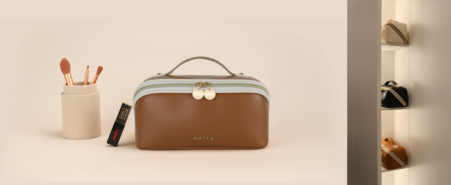 Косметичка велика містка для подорожей, водонепроникна з PU-шкіри, з прозорими роздільниками та ручкою (M, темно-коричнева)