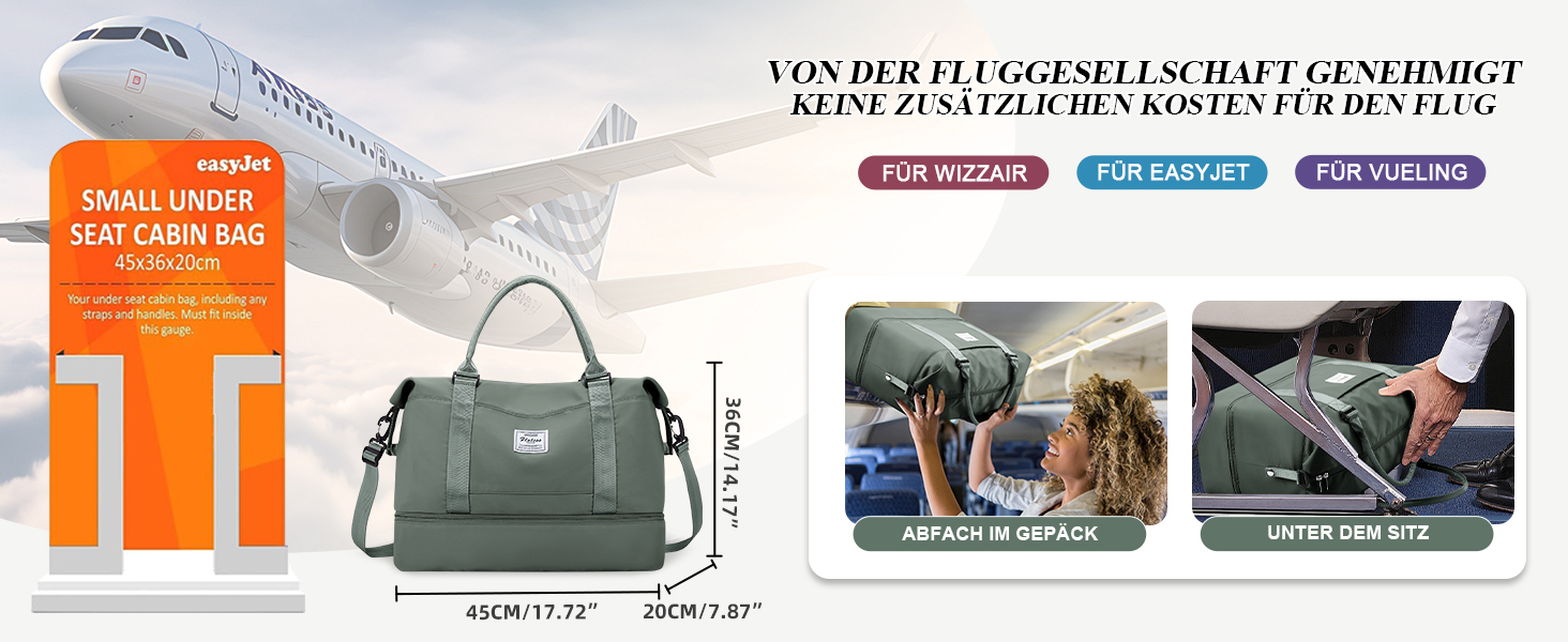 Спортивна сумка для жінок Easyjet 45x36x20 (32L) - водонепроникна дорожня сумка, фітнес-сумка з відділенням для взуття, сірий/армійський колір