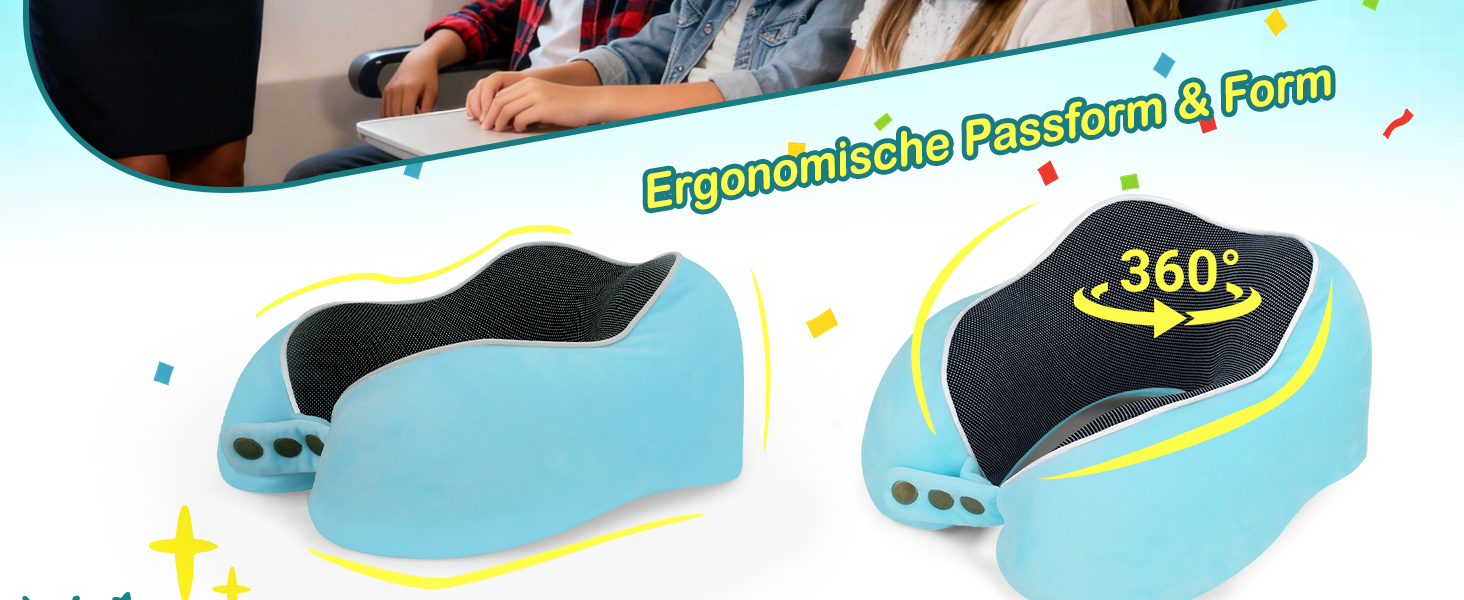 Подушка для шиї дитяча та доросла з піни Memory Foam, блакитна – підтримка 360°, регульована, складана, для подорожей (літак, авто, поїзд)