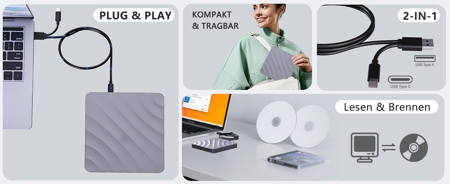 Зовнішній USB DVD/CD привід-записувач для ноутбука та ПК, оптичний накопичувач +/-RW ROM для Windows, MacOS, Linux (сірий/сріблястий)