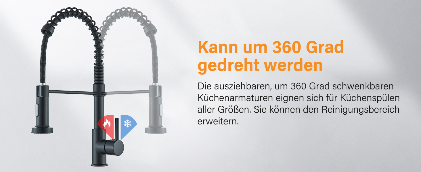 Кухвонний змішувач Hbronzeshower з висувною лійкою, 360° поворот, нержавіюча сталь, чорний