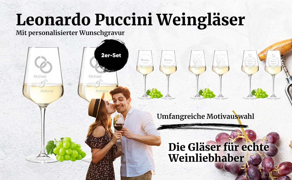 Leonardo Puccini Weinglas 560 ml 2-piece Set with Engraving for Couples - Anniversary and Engagement Gifts - Personalized Wedding Gift - Wine Glass for Women and Men - Glass Wine Goblet