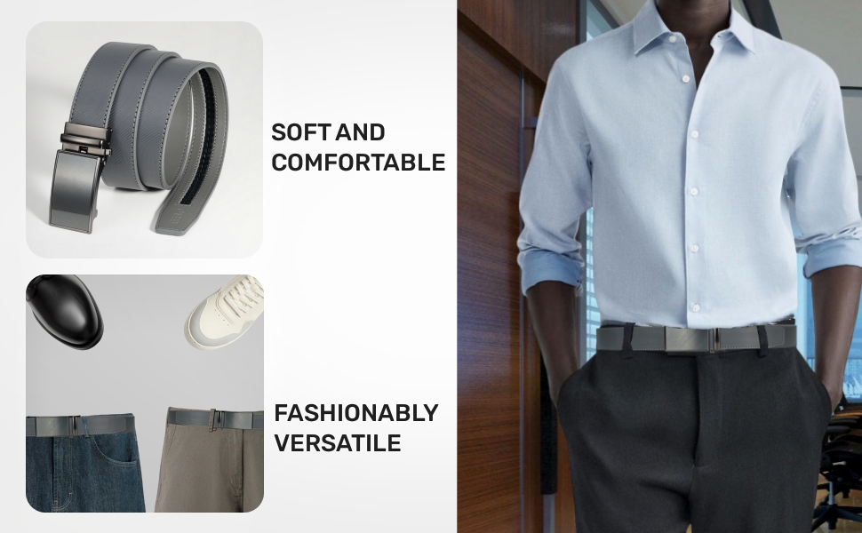 Чоловічий шкіряний ремінь FEFLO з автоматичною пряжкою, регульований, 35 мм, для костюма, джинсів, штанів, повсякденного та ділового стилю (сірий, 130 см, для талії 103-113 см)