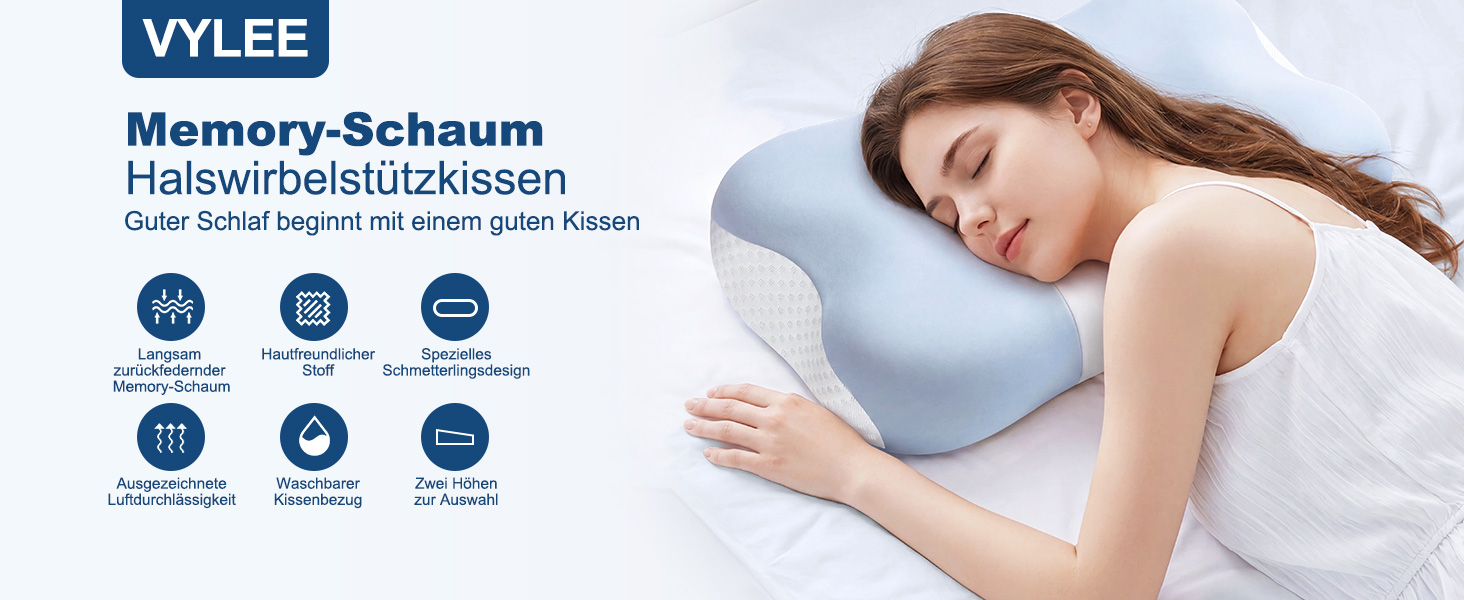 Ергономічна подушка для шиї VYLEE з ефектом пам'яті (Memory Foam), форма-метелик для сну на боці, спині та животі, 55.5 x 31 см, синьо-біла
