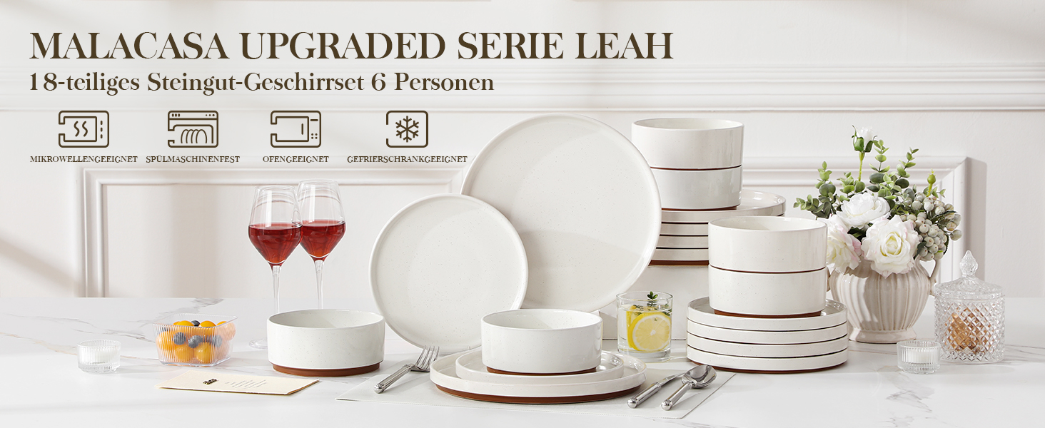 Набір посуду MALACASA з каменю (18 предметів) для 6 осіб, керамічний сервіз з глазур'ю 'сезам', білий з коричневим дном, набір тарілок та мисок