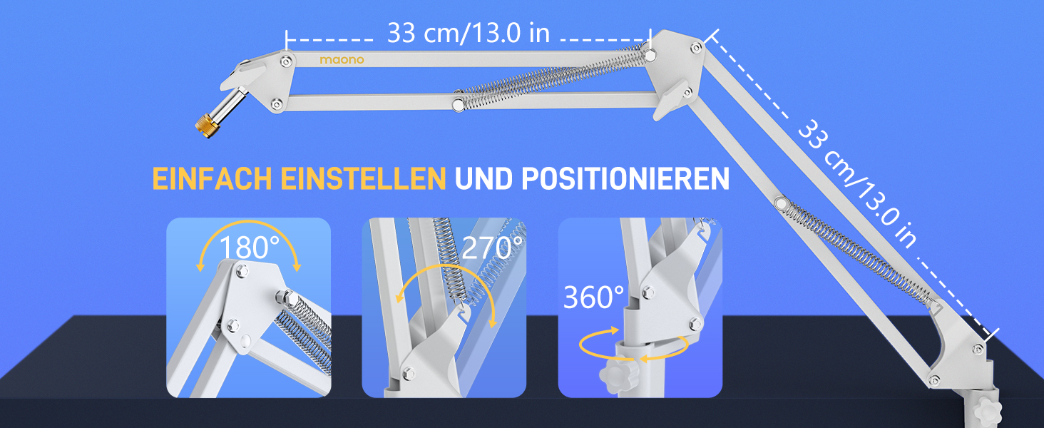 Мікрофонний тримач Maono BA20, чорний: регульований штатив для подкастів, геймінгу, стрімінгу та запису – з кріпленням до столу та адаптером 3/8' - 5/8'