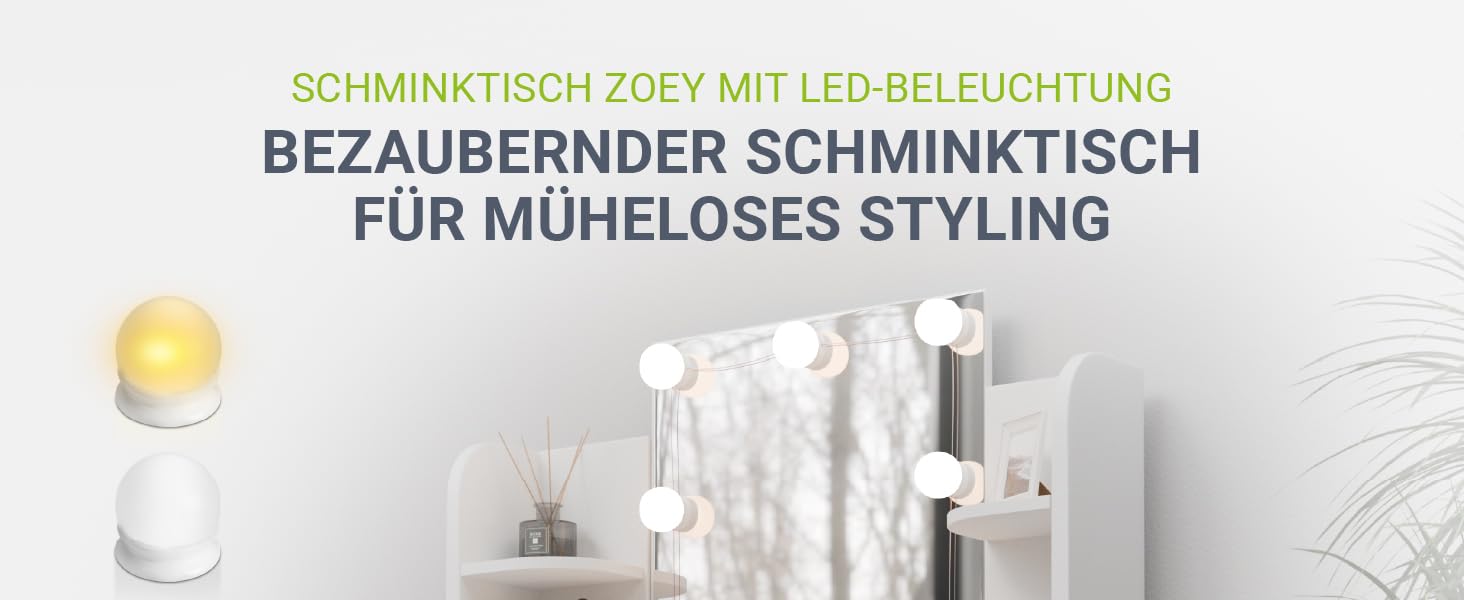 Туалетний столик Juskys Zoey з LED підсвіткою, дзеркалом, шухлядою, 3 відділеннями та шафкою, 90x38x137 см, білий, дерев'яний косметичний стіл