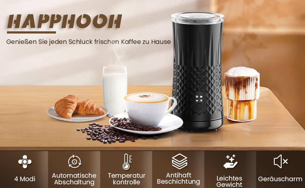 Електричний спінювач молока HAPPHOOH 4-в-1, 240 мл, чорний, з автоматичним відключенням та антипригарним покриттям