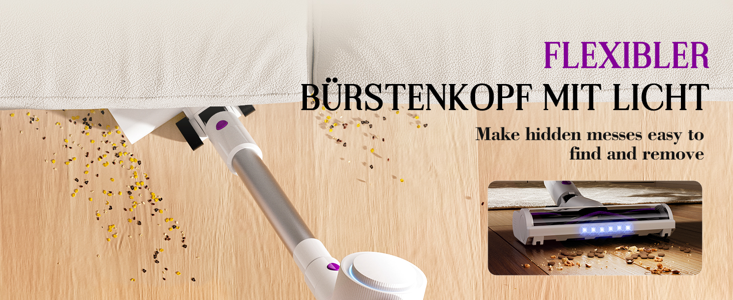 Бездротовий акумуляторний пилосос 45000 Па, 60 хв, 1.75 кг, 6-в-1 з сенсорним екраном, LED-підсвічуванням, антизаплутувальною насадкою та зарядною станцією, 7-шарова фільтрація для шерсті тварин, килимів, твердих поверхонь, авто, білий з фіолетовим