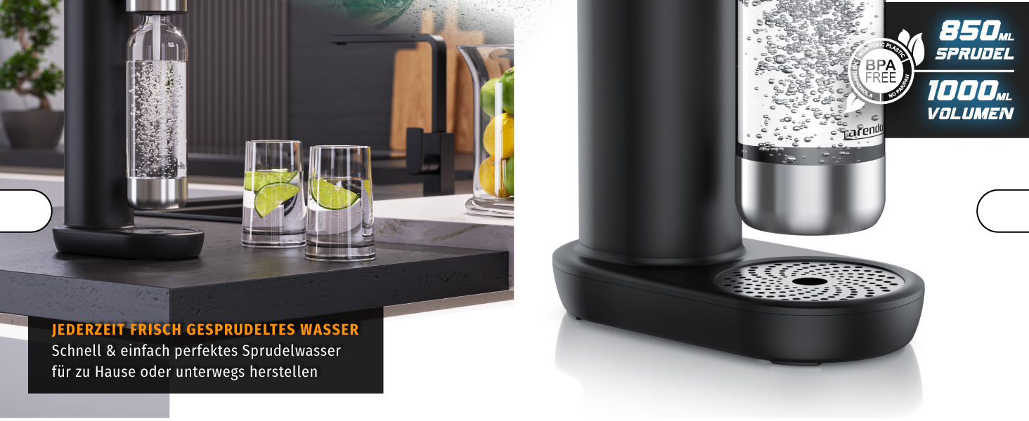 Arendo Soda Maker: Газова вода вдома - содовий напій, пляшка 1000 мл, BPA free, сумісний з CO2 балонами 60 л, чорний