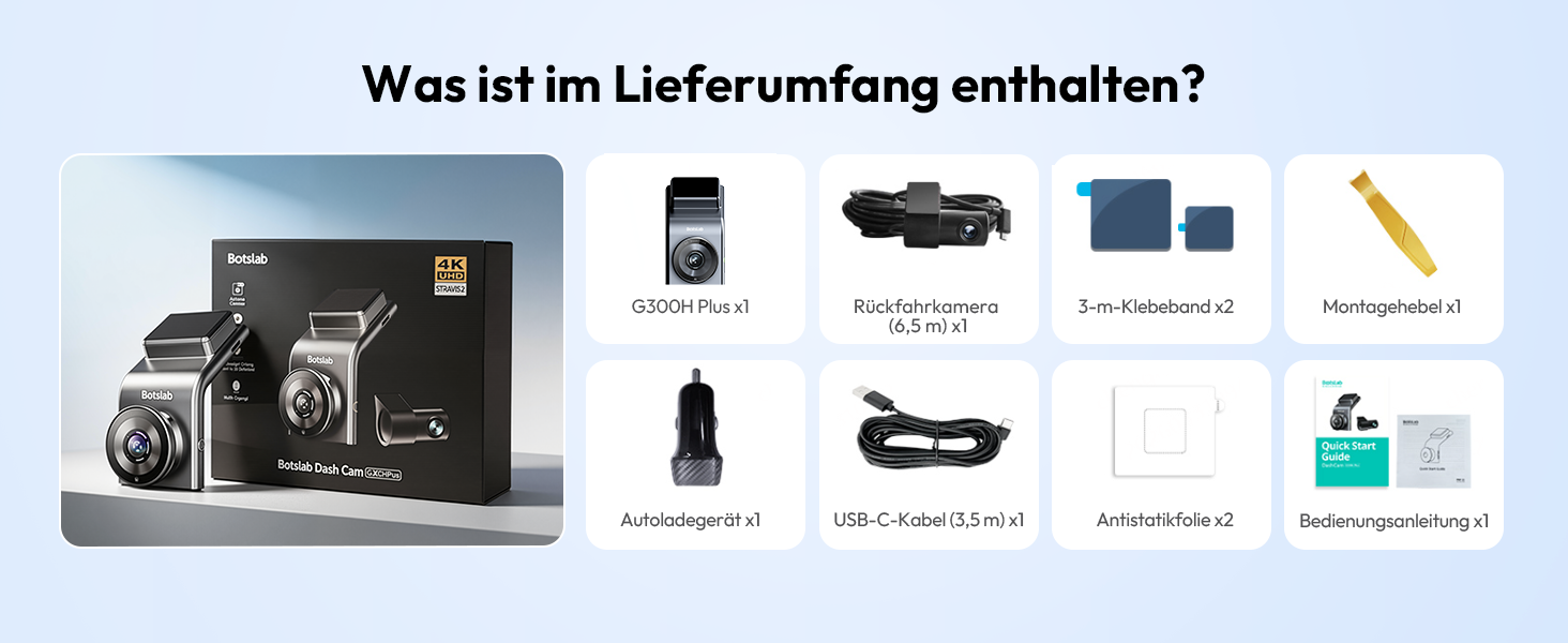 Автомобільний відеореєстратор BOTSLAB G300H Plus 4K UHD + HD 1080P (передній та задній), сенсор STARVIS 2, без карти пам'яті
