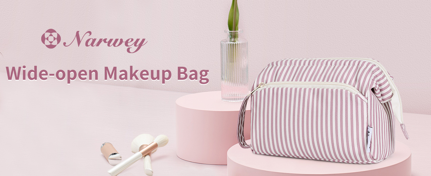 Косметичка жіноча Narwey для подорожей: зручна та містка сумка для косметики та аксесуарів (сіро-блакитний, рожеві смуги)