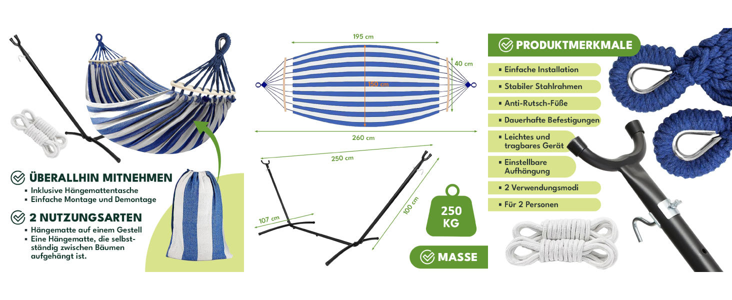 Гамак KRUMAD 260 см, до 250 кг, вуличний, бавовна-поліестер, з дерев'яними розпірками та сумкою (синьо-білий, з каркасом)