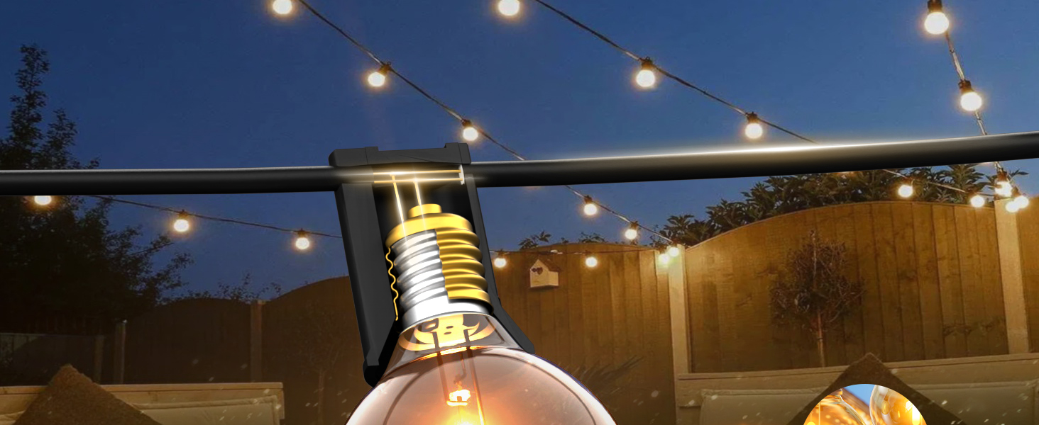 Ланцюжок прикрас для вулиці на електромережі 15М з 25+2 G40 LED лампами. Водостійкий IP65, тепле біле світло 2700K. Для саду, тераси, святкування. Чорний колір.