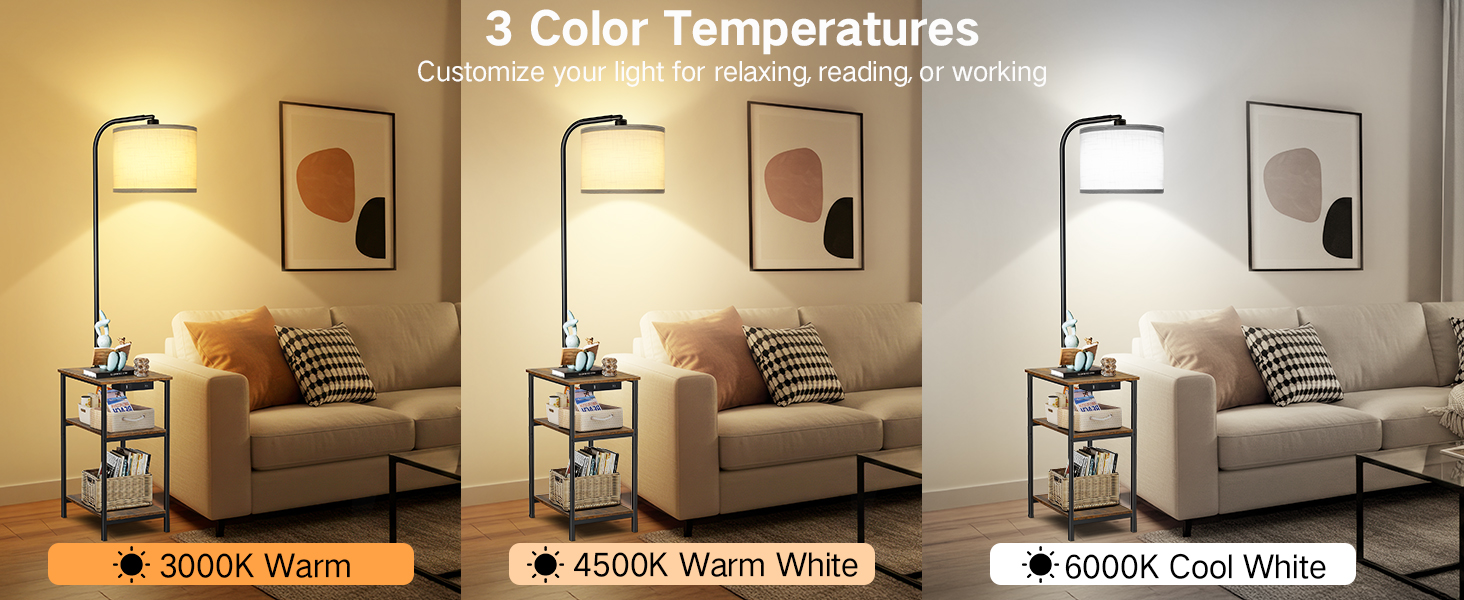 Стійка лампа для вітальні з поличкою та столом, регульована LED лампа з пультом, 3 колірні температури, приліжний столик з функцією зарядки та полицею, дерев'яний столик для спальні, офісу, коричневий в стилі рустік
