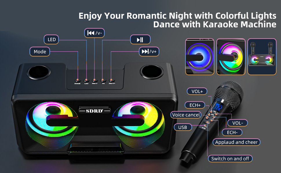 Караоке машина для дорослих та дітей з 2 бездротовими мікрофонами, Bluetooth, світлові ефекти, підставка для телефону, портативна PA система для дому, вечірки, пікніка (чорний)