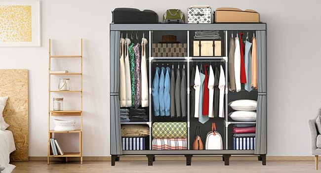 Тканинна шафа LOEFME 170x175x45 см для спальні з 2 рейками для вішалок