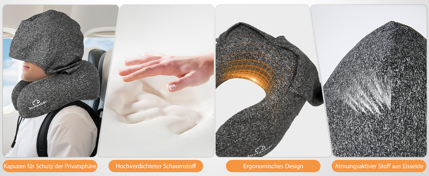 Подушка для шиї в літак з капюшоном, Memory Foam, регульована, для дорослих, авто, офіс (сіра)