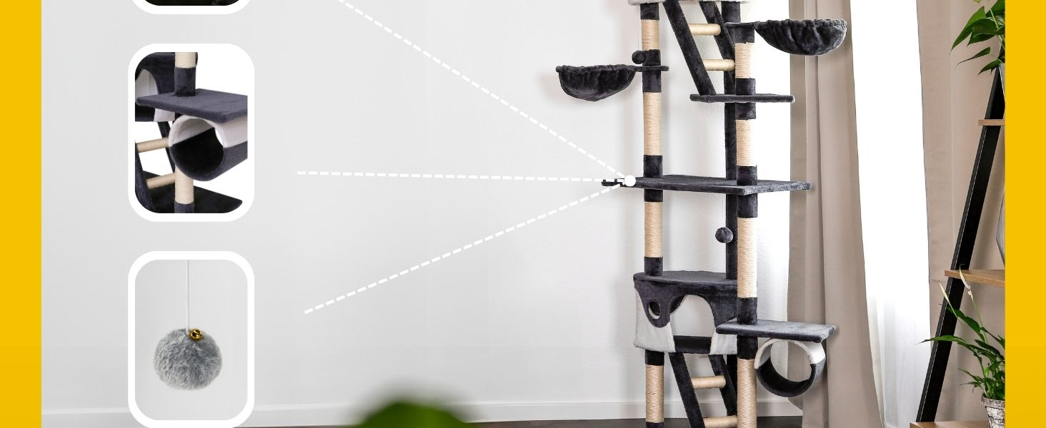 Драбина для котів Lionto XXL з сизалю та плюшу, 230-250 см. Комплектація: іграшкові м'ячики, дзвіночки, гамак, тунель, печери. Підходить для котів будь-якого розміру, сірий колір