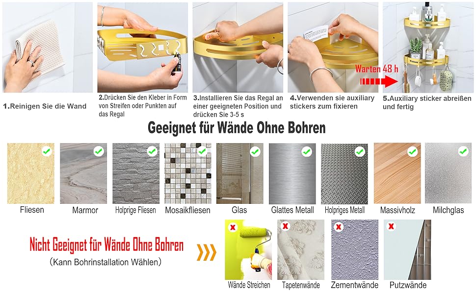 Поличка для душу без свердління, кутова поличка для ванної кімнати з алюмінію Space, трикутна корзина для душу з гачками, органайзер для шампуню, антикорозійна (2 шт., піскоструминне золоте покриття)