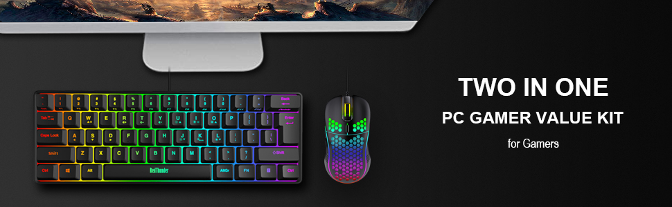 RedThunder Комплект ігрової клавіатури та миші з RGB підсвічуванням, 62 клавіші, DE-розкладка, 7200 DPI, компактна миша з 6 кнопками, для PC, MAC, PS5, Xbox, чорний